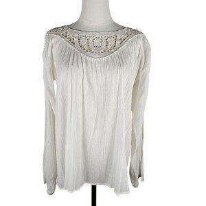 Sundance Blouse Medium Crinkle Crochet Detail Yoke White Boho